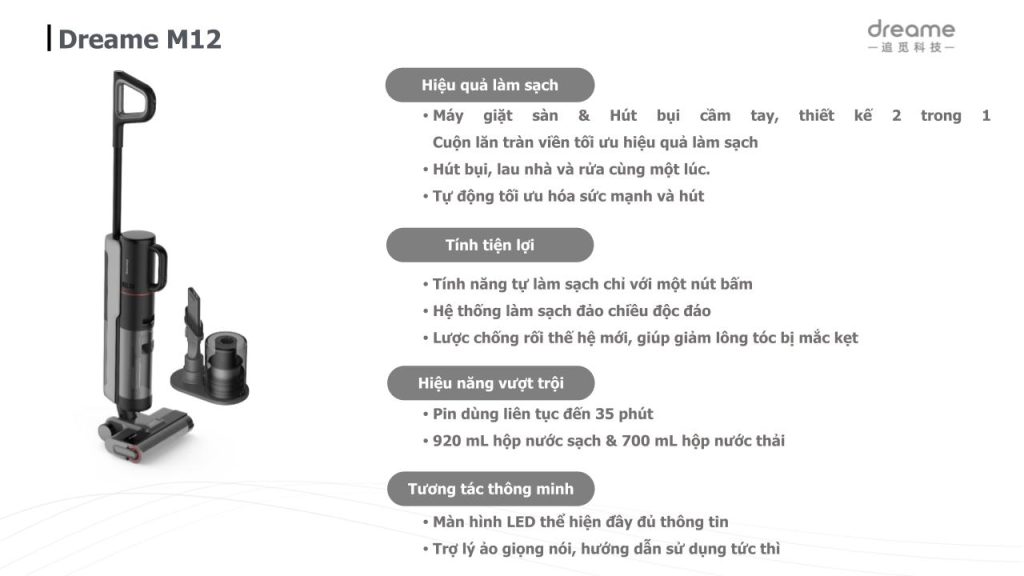 Đặc điểm máy hút bụi lau sàn khô & ướt cầm tay không dây thông minh Dreame M12