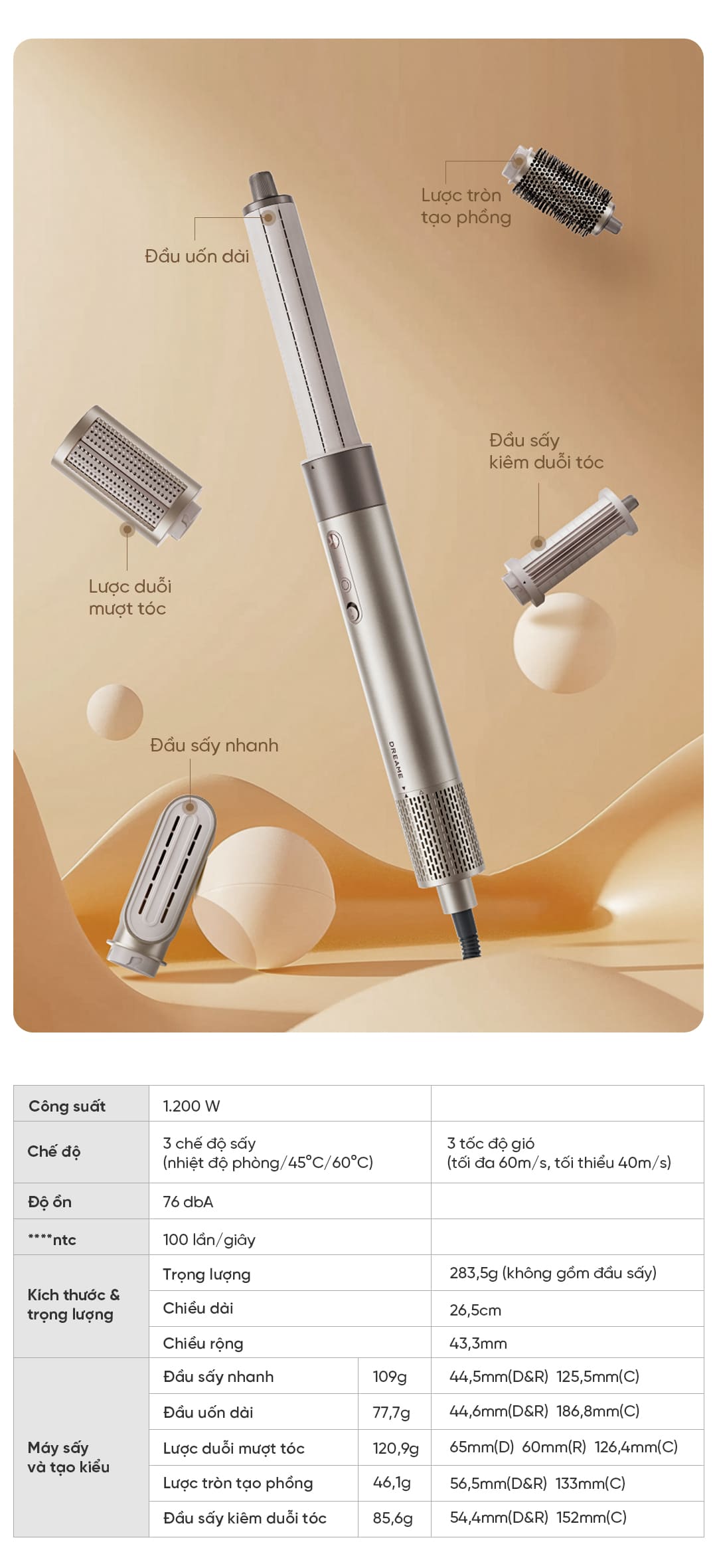 Thông số kỹ thuật máy sấy và tạo kiểu 5 trong 1 Dreame Airstyle