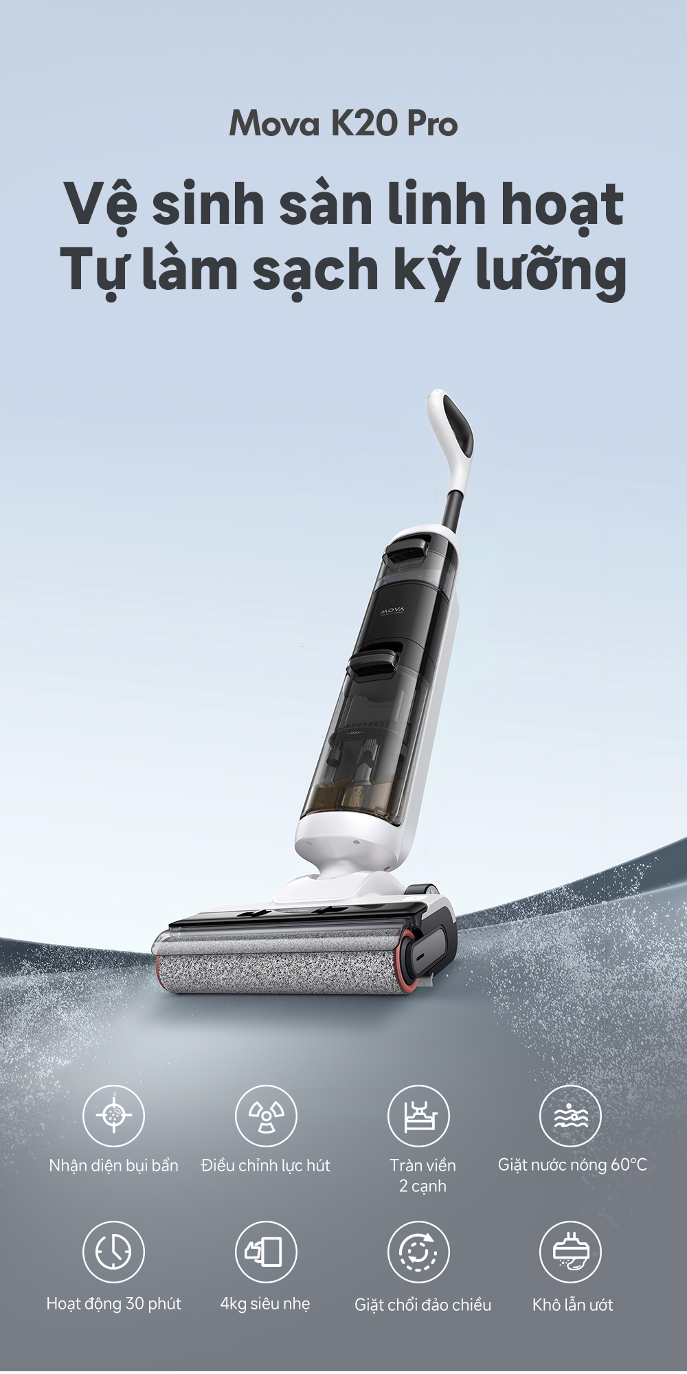 Đặc điểm máy hút bụi lau sàn khô & ướt cầm tay không dây thông minh Mova K20 Pro