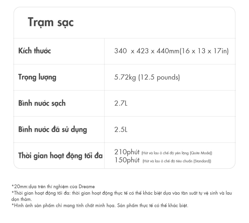 Dreame L10 Prime thông số kỹ thuật trạm sạc