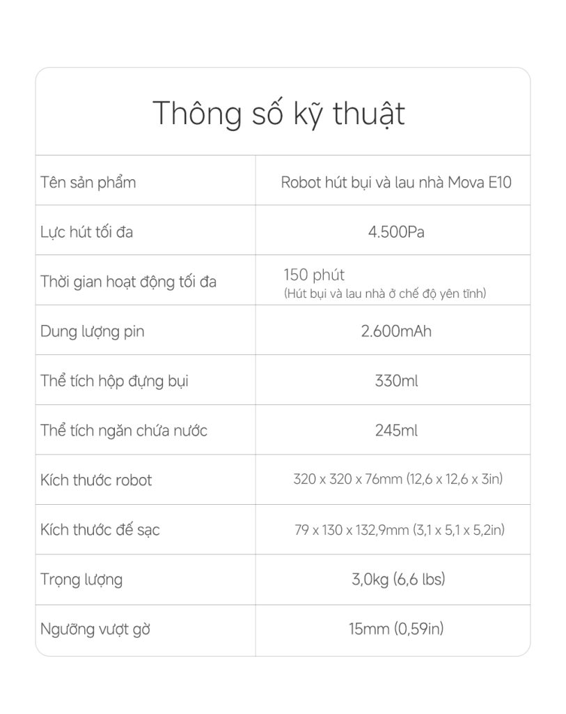 Mova E10 thông số kỹ thuật