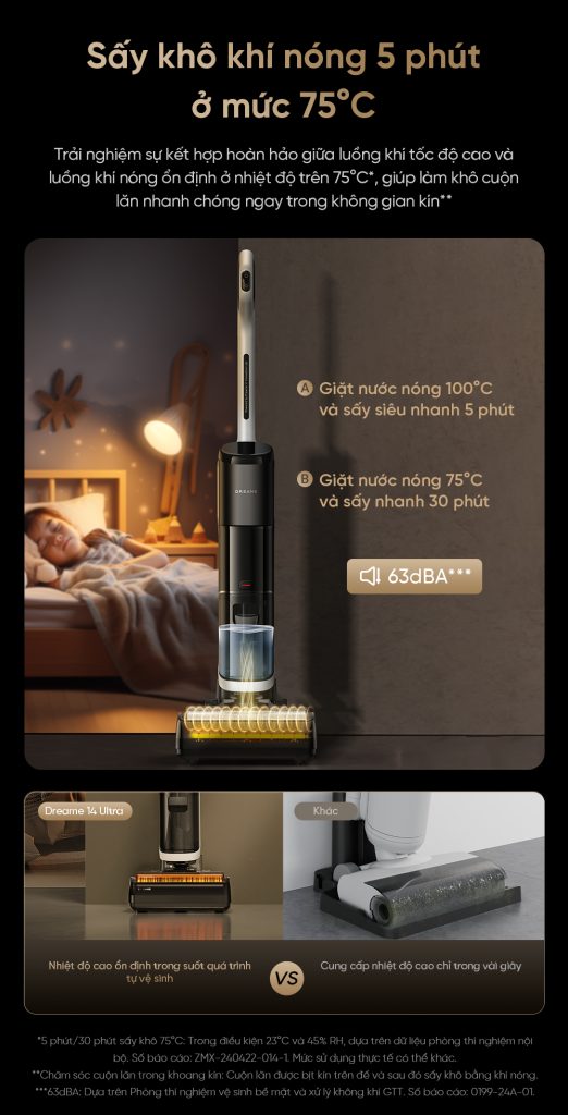 hệ thống thổi khí nóng 75 °C sấy khô trong chỉ 5 phút của Dreame H14 Ultra 