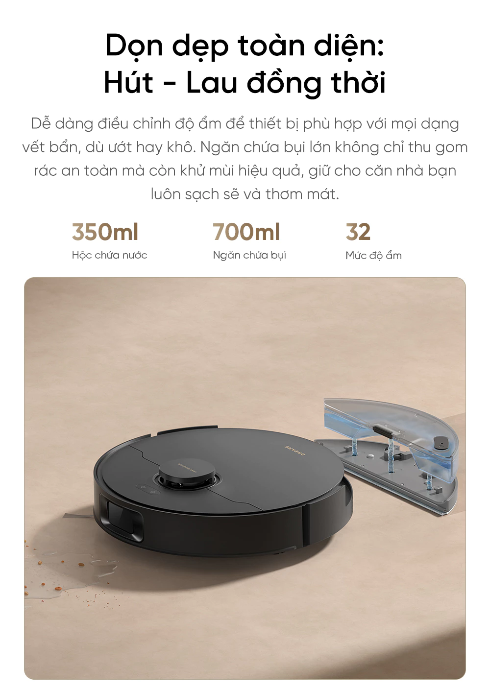 Robot hút bụi lau nhà thông minh Dreame D20 dọn dẹp liên tục