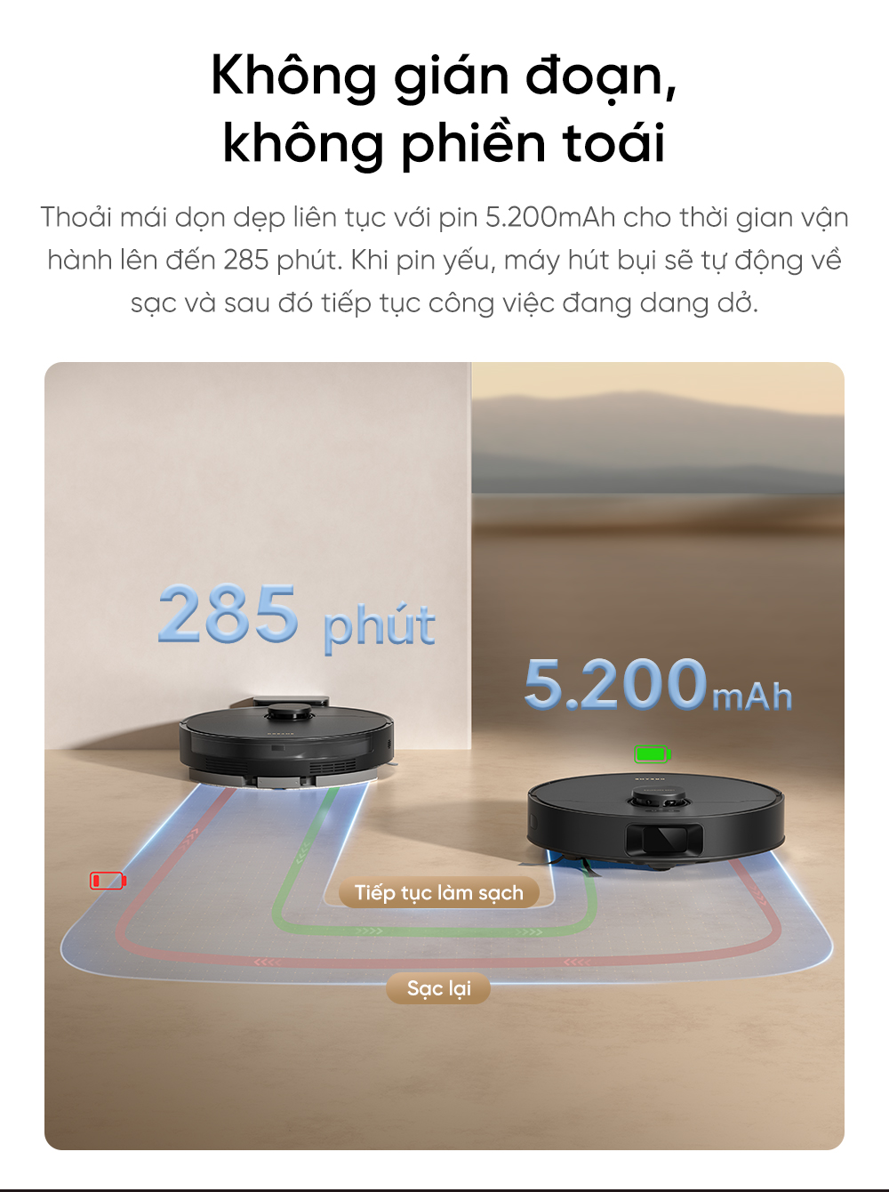 Robot hút bụi lau nhà thông minh Dreame D20 làm việc không gián đoạn