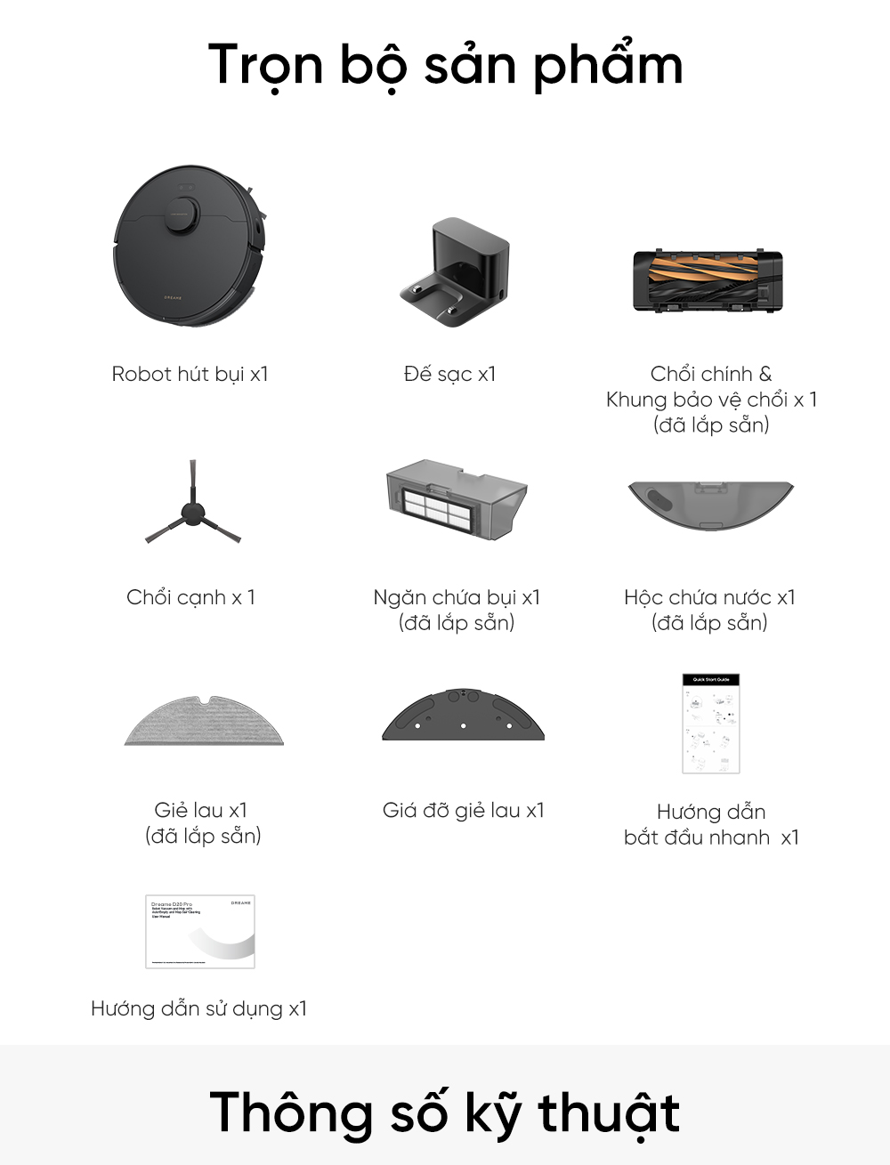 Robot hút bụi lau nhà thông minh Dreame D20 trọn bộ sản phẩm