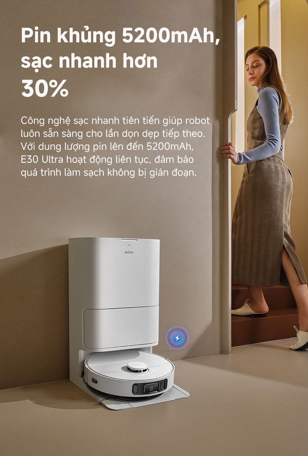 Robot hút bụi lau nhà Mova E30 Ultra mức pin khủng