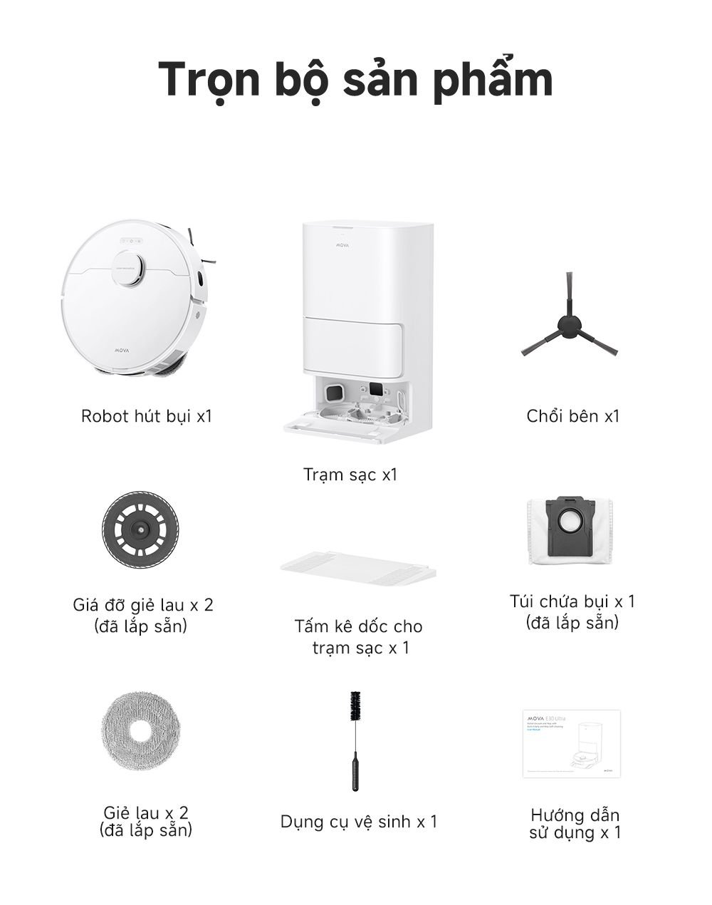 Robot hút bụi lau nhà Mova E30 Ultra trọn bộ sản phẩm