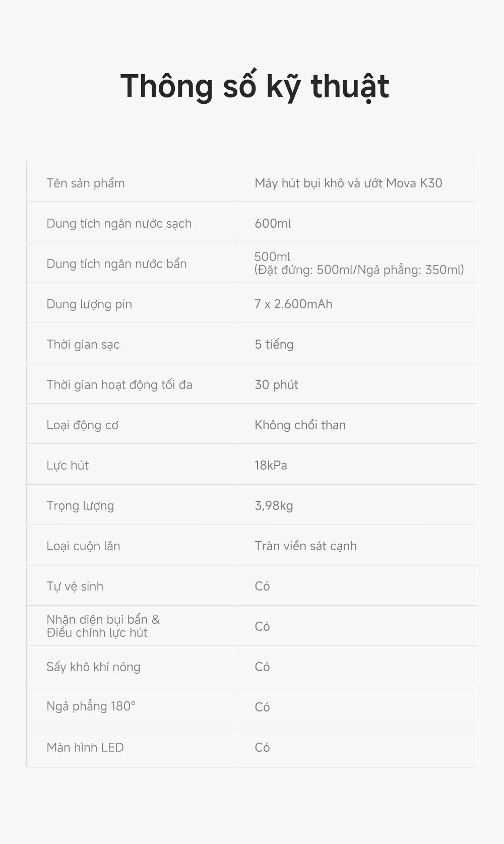 Máy hút bụi lau nhà khô và ướt MOVA K30 thông số kỹ thuật