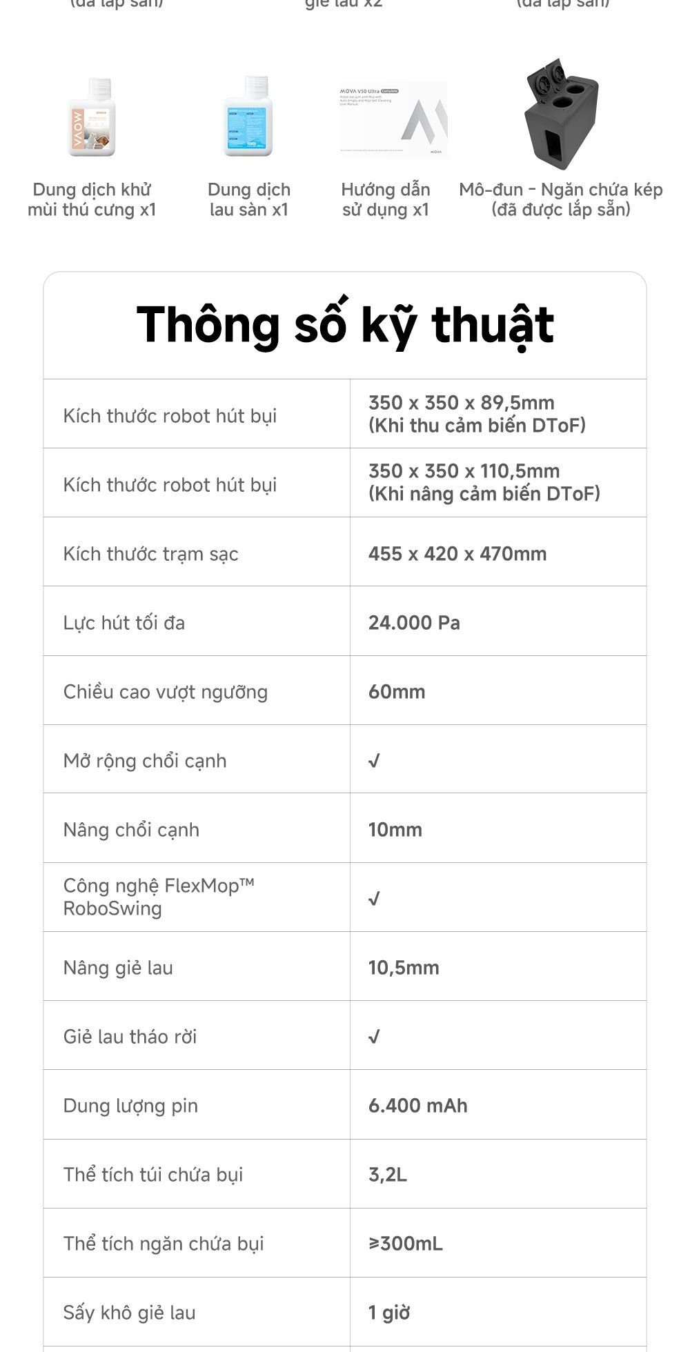 Robot hút bụi lau nhà thông minh MOVA V50 Ultra thông số kỹ thuật