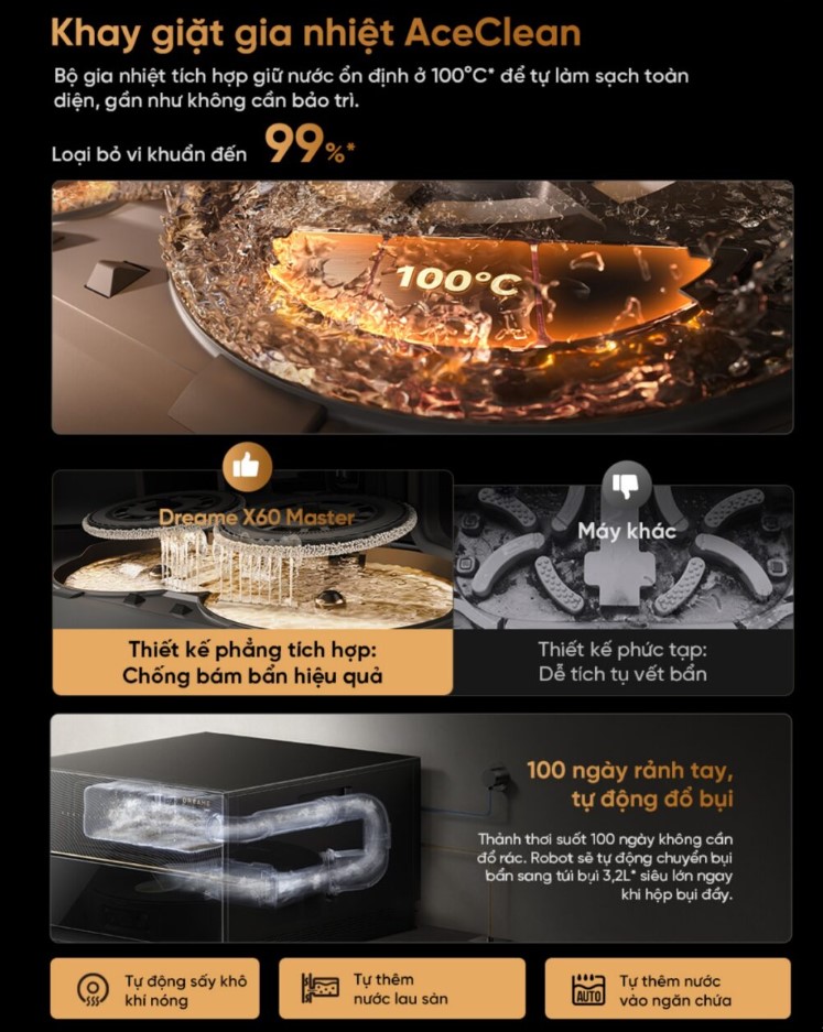Dreame X60 Master giặt giẻ bằng nước nóng